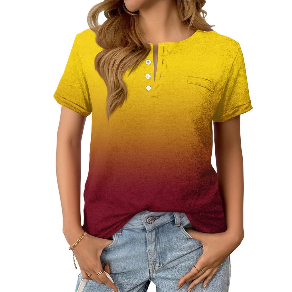Women's Fashionable Casual Summer Gradient V-neck Button Short-sleeved Top