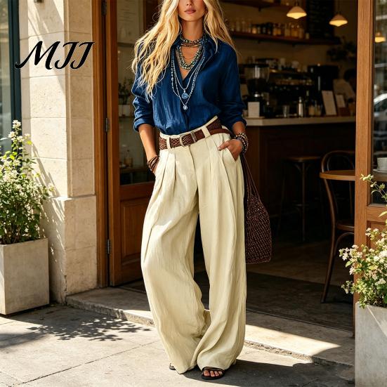 Women Two Piece Outfits Casual Set for Fall, V Neck Collared Shirt Anti Wrinkle Fall & Wide Leg Pants, Loose Fit Trousers Autumn