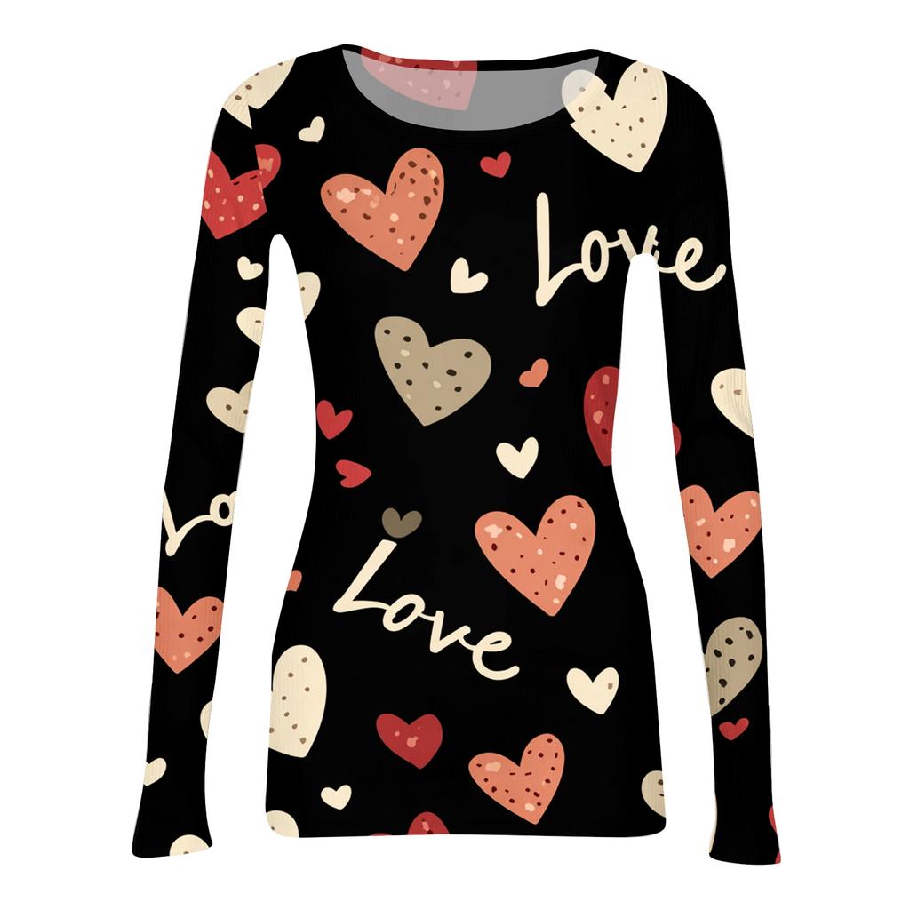 Women's Casual And Fashionable Round,neck Long,sleeved Ribbed Top With Valentine's Day Print.