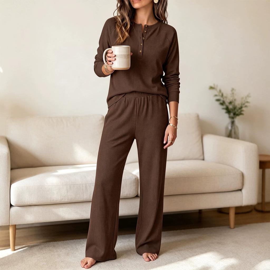 Women's 2 Piece Athleisure Set Long Sleeve Top Wide Leg Pants Loose Fit Casual Outfit