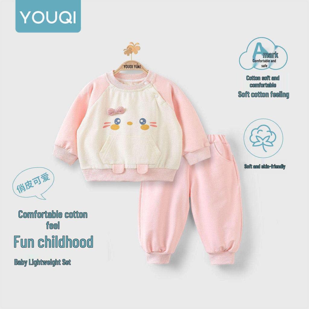 Youqi Baby Spring Collection: Long-Sleeved Hoodie & Sweatpants Set for Children - Versatile Outdoor Two-Piece Outfit.