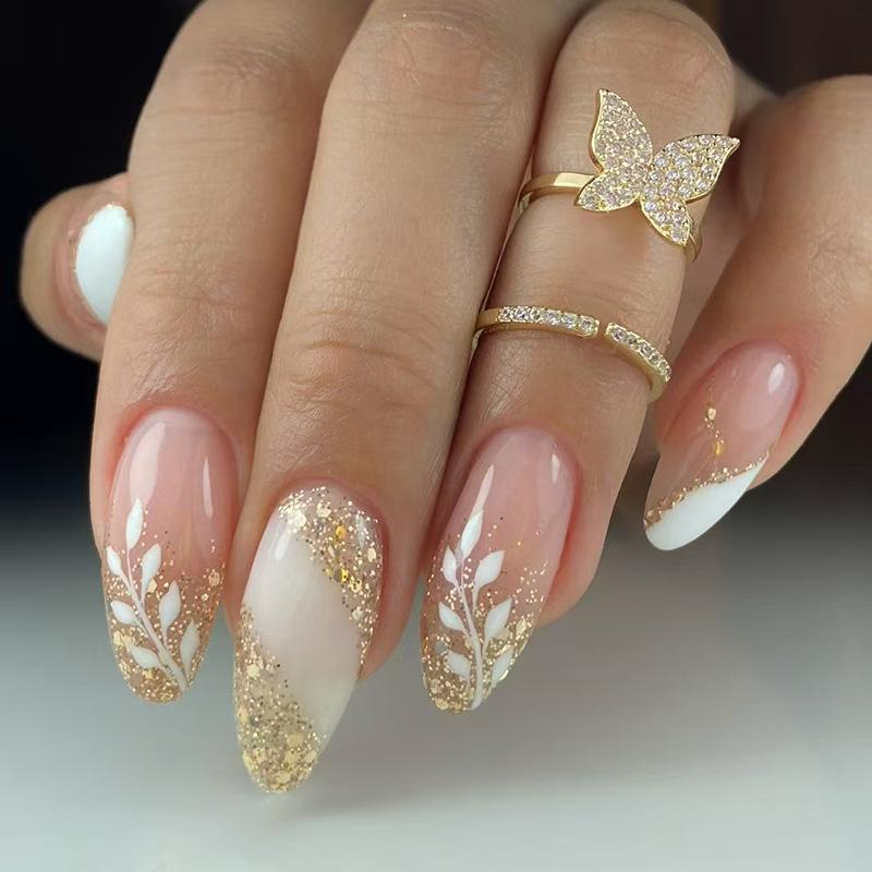 Ensemble de 24 Faux Ongles Pression Court Amande Rond Œil de Chat Vert Floral