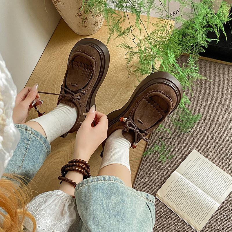 Loafers Women's 2025 New Design Beaded Tassel Lace-up Single Shoes Autumn Small Height Increase Boken Shoes