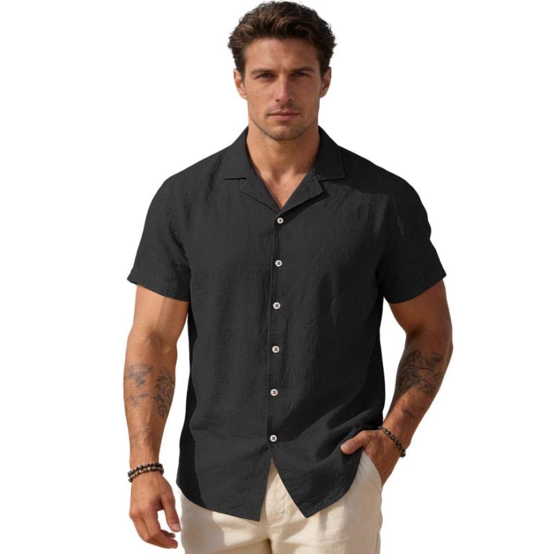 

Men Solid Color Cuban Collar Short Sleeve Linen Blend Shirt S чорний