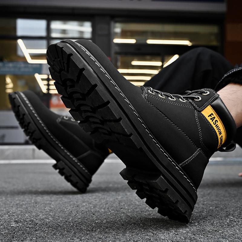 Zimní vysoké pracovní boty v britském stylu s tlustým dnem Pracovní boty Pánské středně vysoké voděodolné retro motorkářské trendy boty