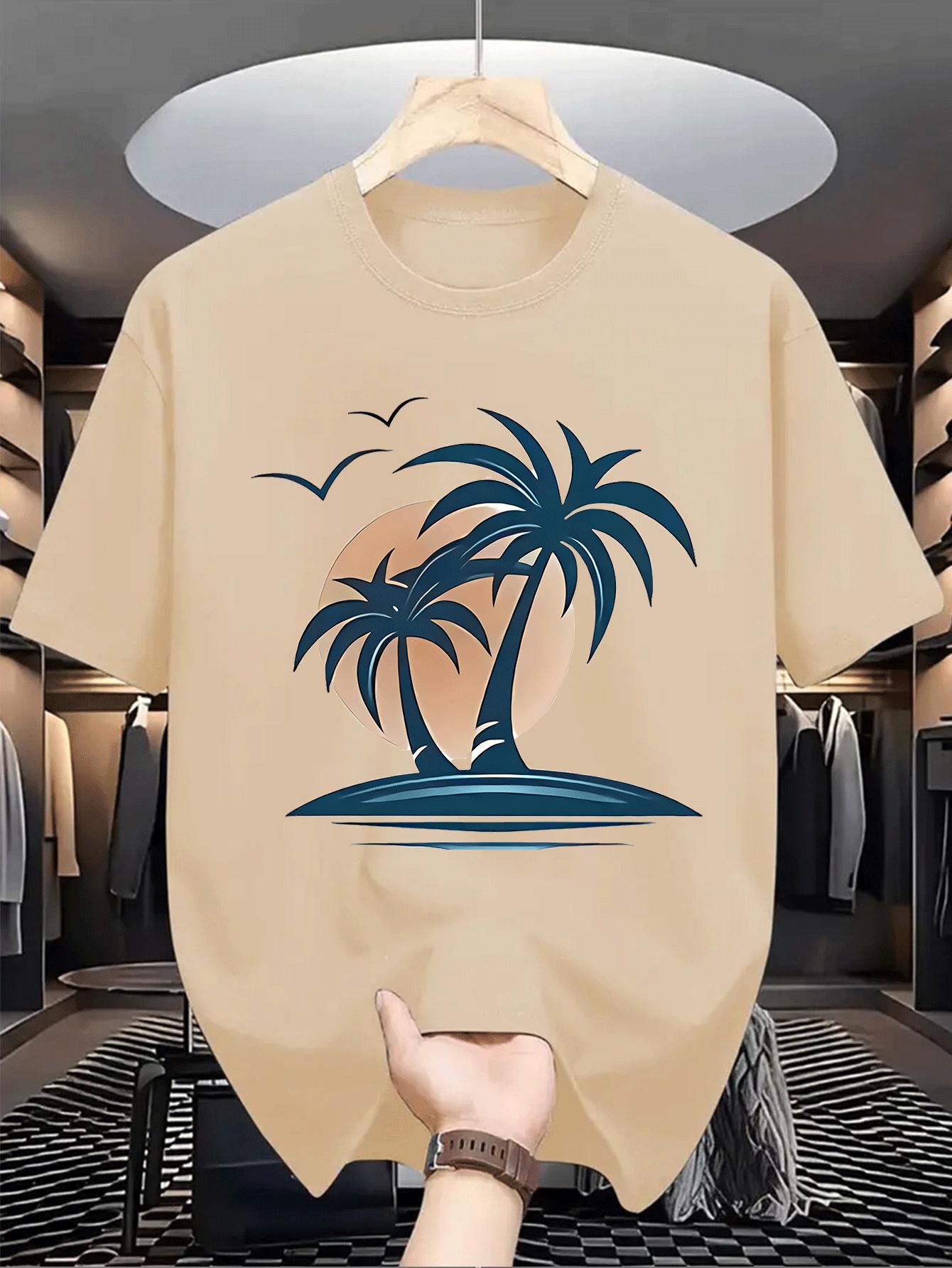 Men s Fashion Coconut Tree Letter Print Casual Summer Top XXXXL