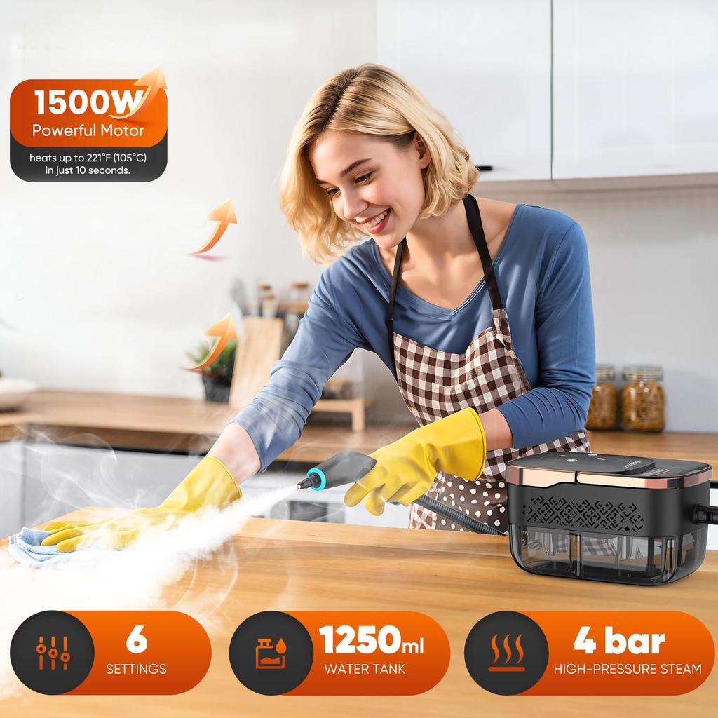 YADIMI 1500W Ręczny Parowy Odkurzacz 4 Bary Ciśnieniowe z 10 Akcesoriami, Szybkie Nagrzewanie w 10s i Regulacja 6 Poziomów do Okapu Kuchennego, Toalety, Płytek, Wnętrza Samochodu
