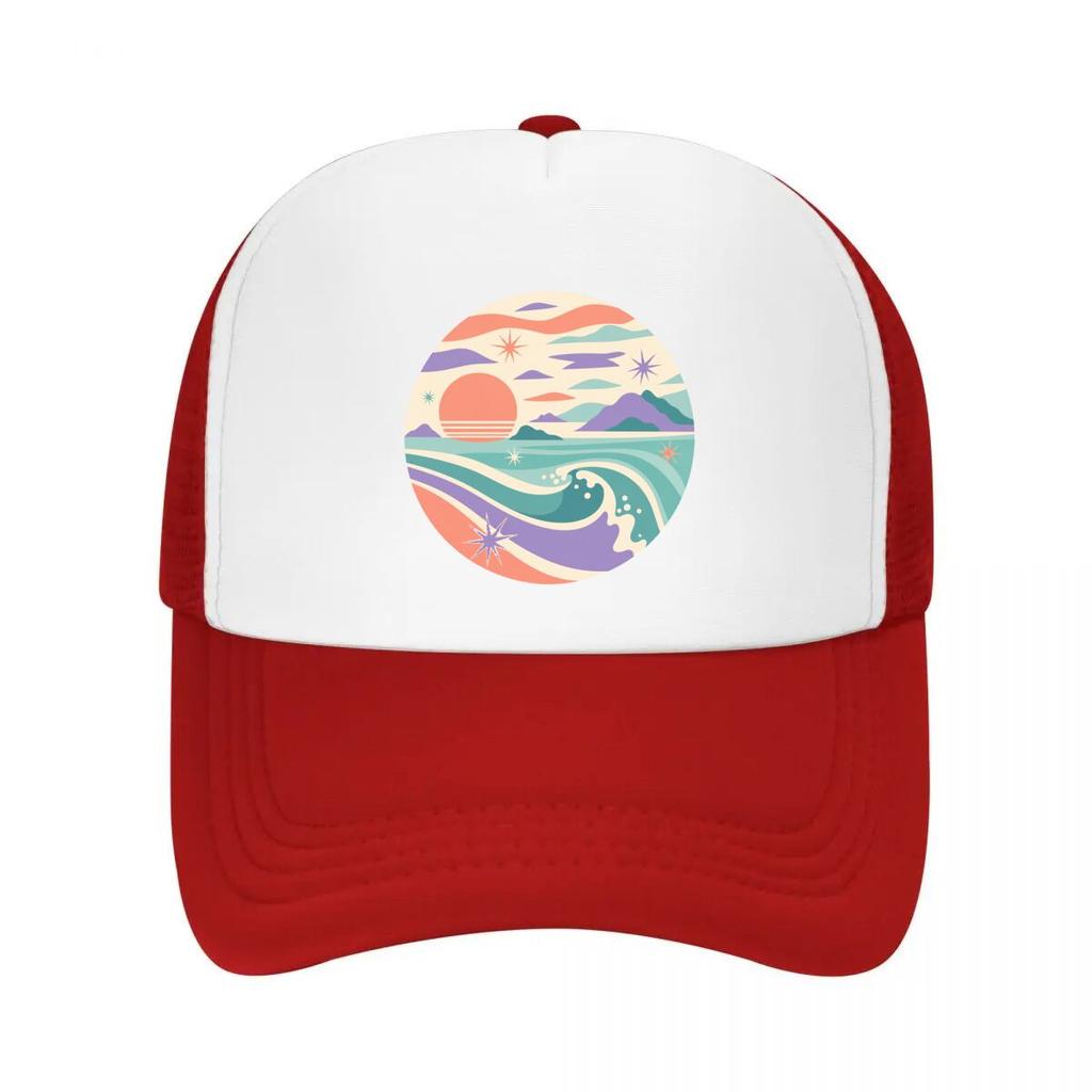 Pastel Coastal Sunset Wave Emblem Mesh Baseball Cap Casual Hat Outdoor For Womens Unisex FeUnisex