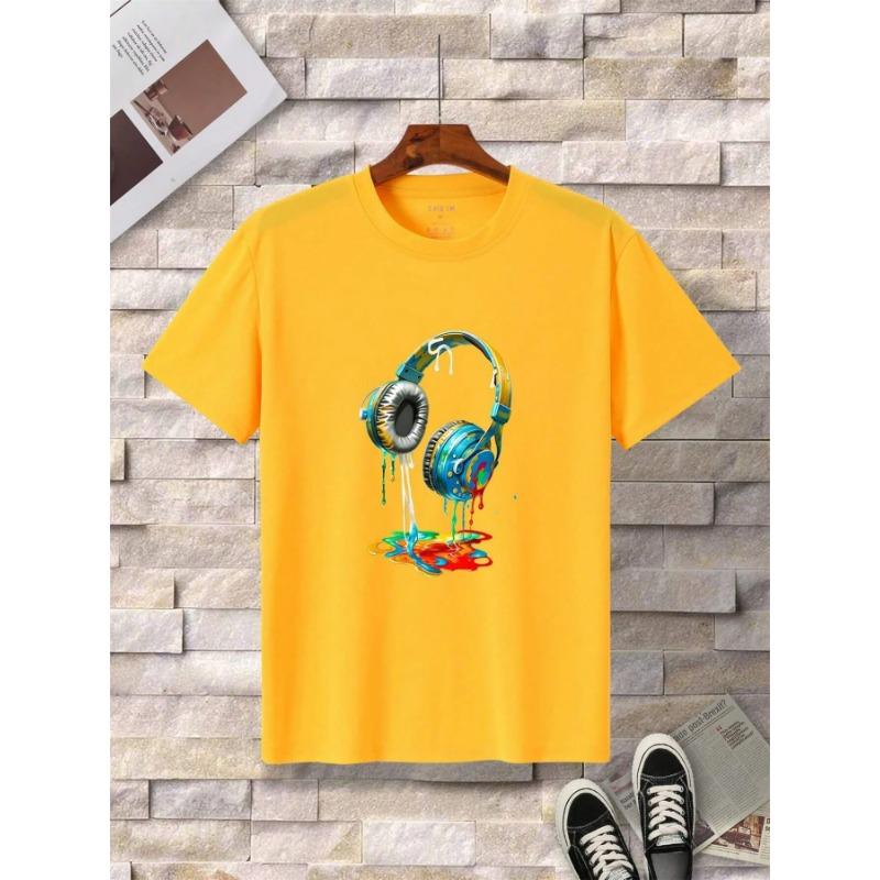 Summer Round Neck 3D Earphone Pattern Print Top Fashionable Casual Short Sleeved Men's T-shirts