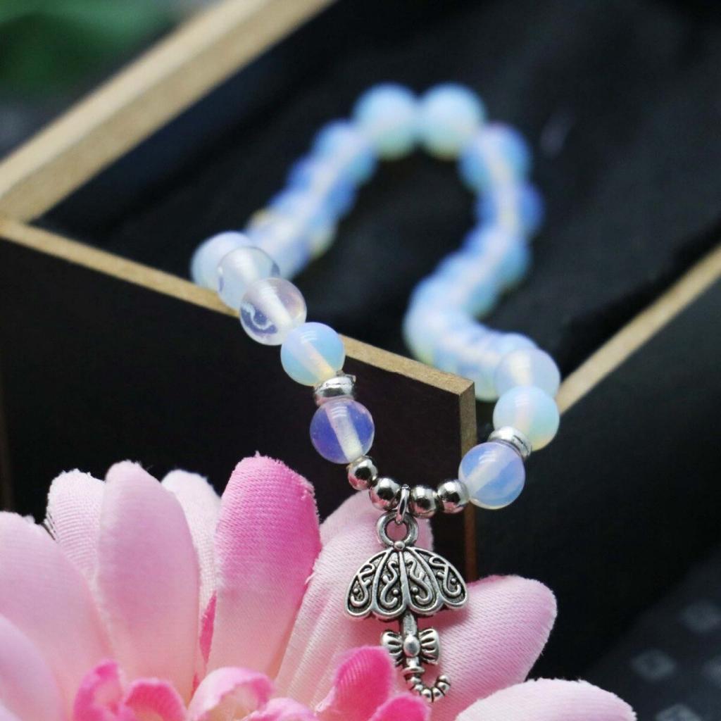 6mm Classic Round Moonstone Opal Beads Natural Stone Bracelet Hand Chain Women Girls Umbrella Pendant Tibet Silvercolor Jewelry