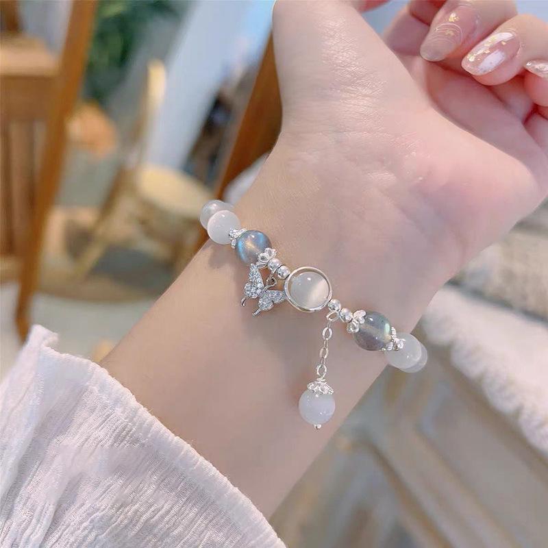 Women's Cat's Eye Crystal Butterfly Bracelet with Imitation Moonstone - Elegant Chinese-Inspired Design