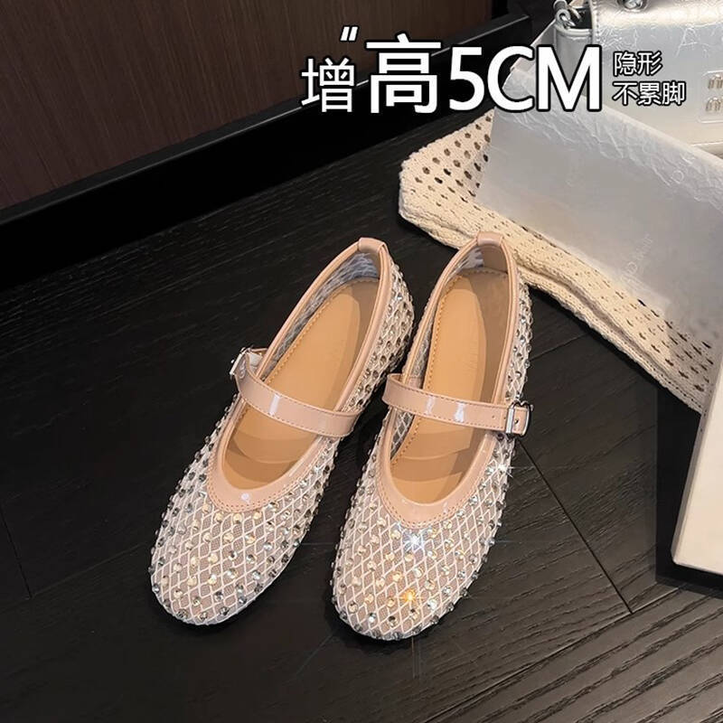 French mesh breathable rhinestone Mary Jane single shoes summer new soft-soled shallow mouth inner height-increasing ballet shoes