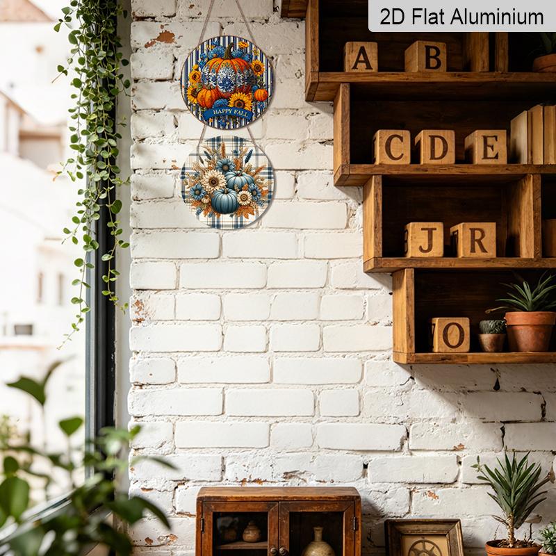 1Pc/2Pcs 2D Flat Aluminium Round Sign, Happy Fall Blue White Porcelain Pumpkin Sunflower Floral Metal Wall Art, Elegant Autumn Harvest Thanksgiving