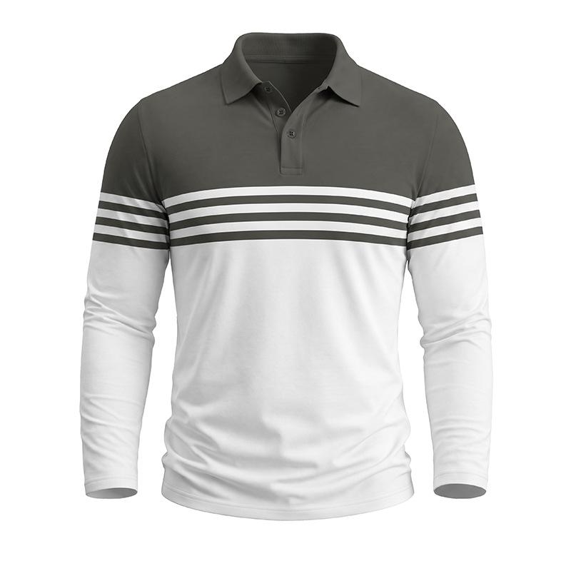 Men Striped Color Block Long Sleeve Polo Shirts Autumn Turn-Down Collar Patchwork Tops Casual Daily Golf T Shirts