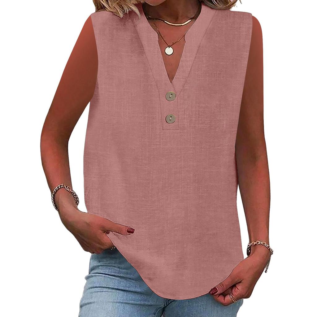 Women's Fashion Loose Standing Collar Button Cotton T-Shirt Solid Color Sleeveless Top