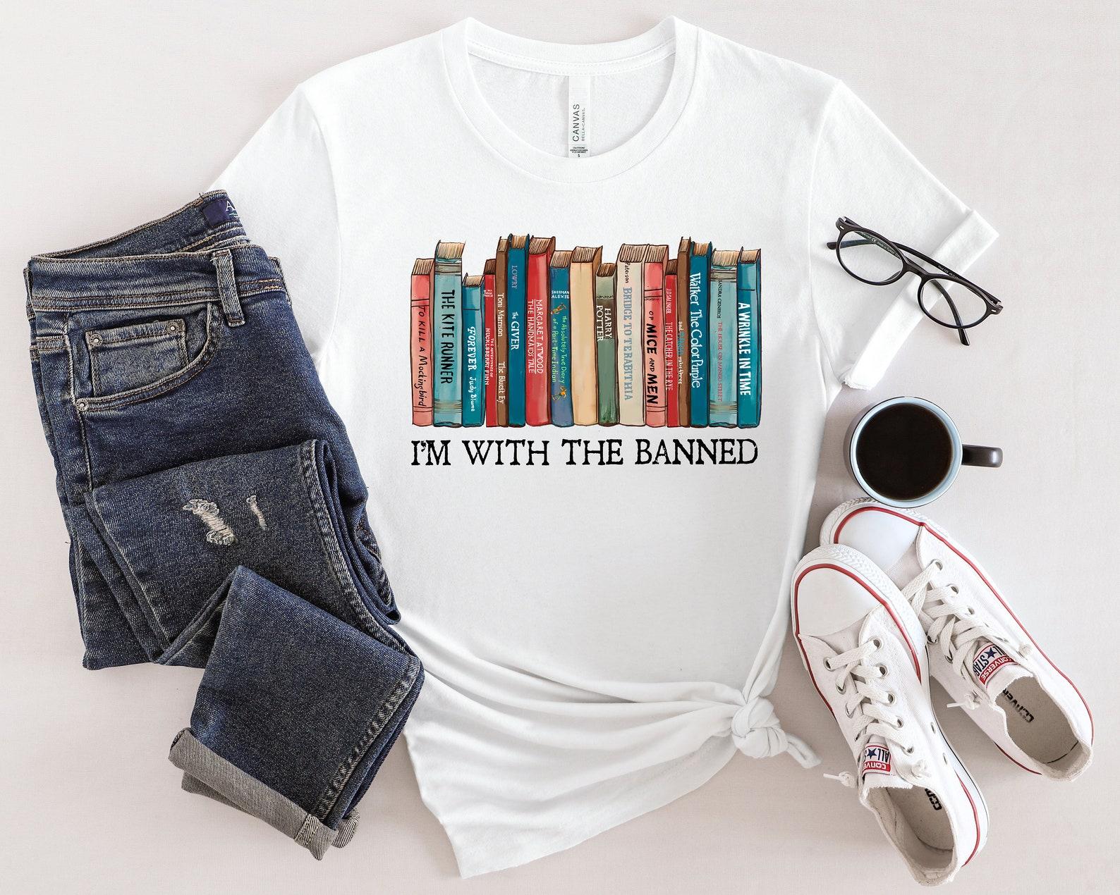 I m With The Banned Banned Books Shirt, Banned Books Women s Tee Unisex Super Soft Premium Graphic T-Shirt Reading Shirt Librarian Shirt L