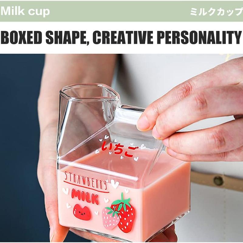 380ml Kawaii Quadratischer Milchkarton Glasbecher Hitzebeständig Süß Erdbeere Pfirsich Frühstücksbecher Puddingbecher Milchflaschen