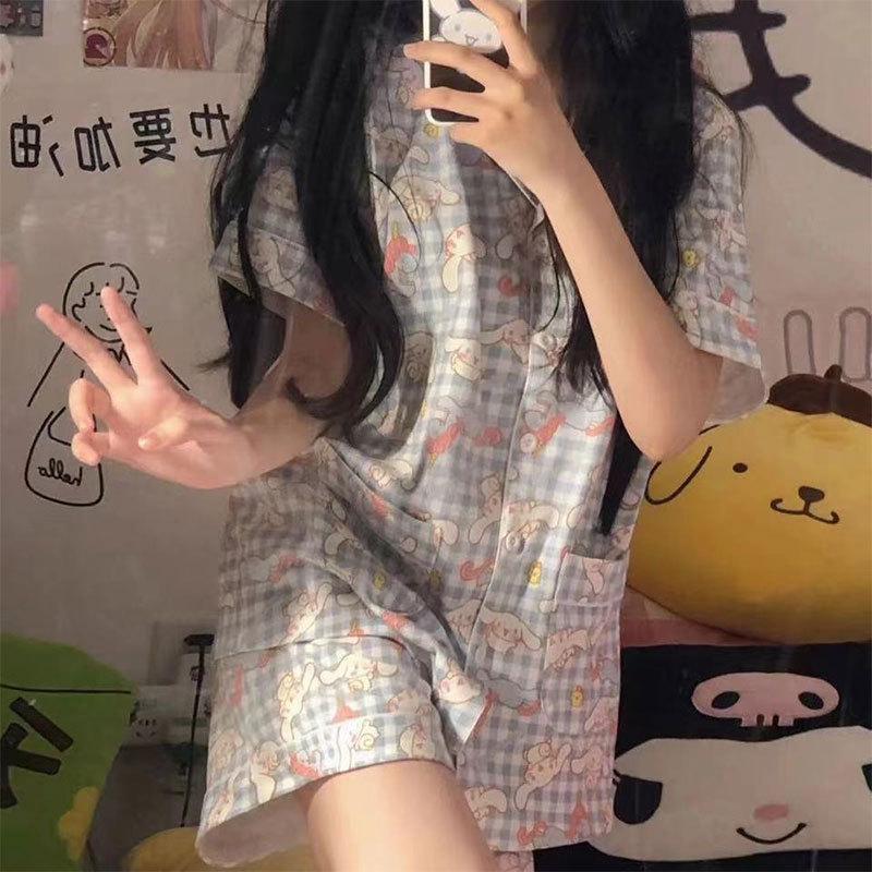 GMXIA High-quality Cotton-like Cute Cardigan Short-sleeved Student Pajamas for Women, Sweet Summer Style for Women's Home Wear