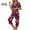 2 Pçs/Conjunto Pijamas Femininos Verão Estampa Floral Decote Em V Manga Curta Camisa Elástica Cintura Curta Calças Curtas Roupa de Casa Roupa Casual Pijamas de Primavera