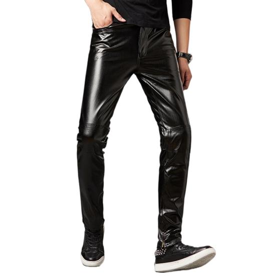 Pantaloni Skinny da Uomo Superficie Lucida Monocolore Chiusura a Zip Vita Media Pantaloni in Ecopelle Vestibilità Slim Pantaloni da Motociclista Streetwear