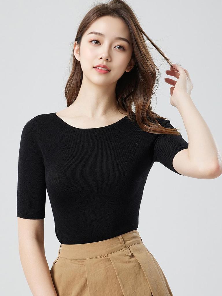 Women's Off-Shoulder Merino Wool Sweater, 60s Yangzi Yarn, Crew Neck Knitted Base Layer