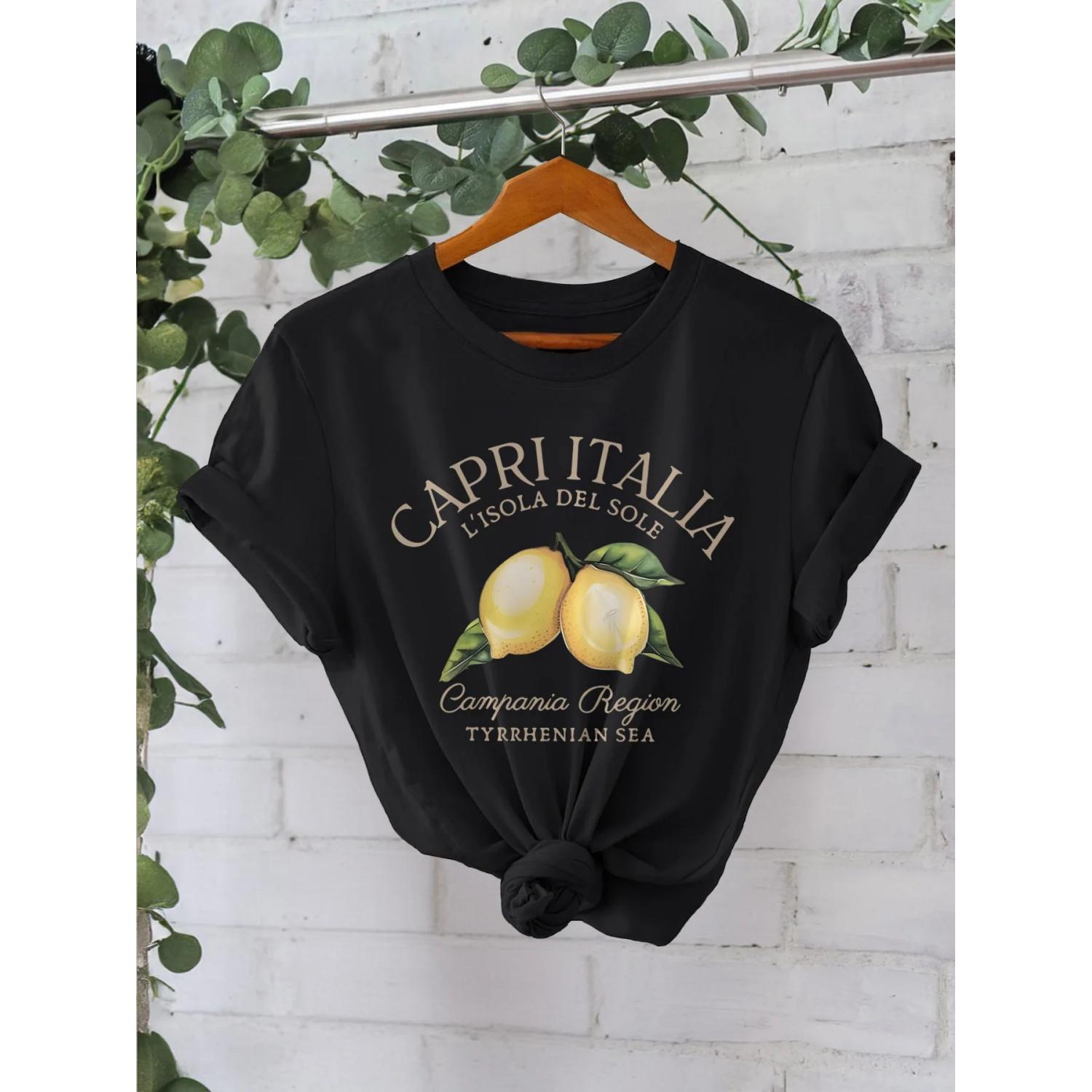 

Vibrant Lemon Print T-shirt Breathable Short Sleeves Classic Crew Neck Perfect for Summer & Autumn Casual Womens Comfortable Top S чёрный
