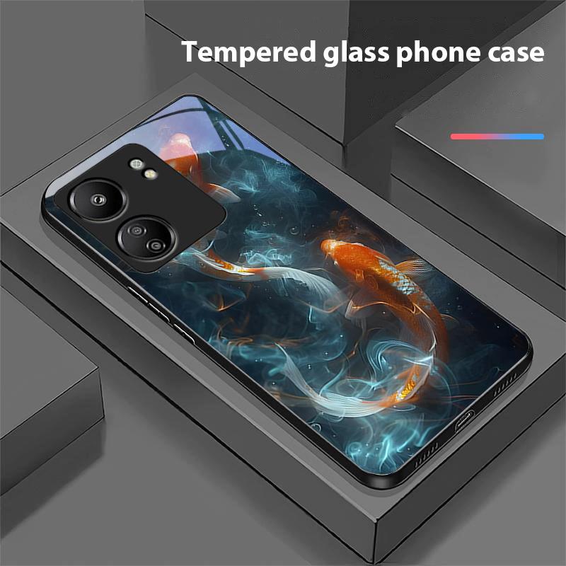 Chinesischer Windfisch Für Xiaomi Redmi 13C Note13 12 Pro Plus 5G Note 9 13T Pro POCO X6 F5 F6 Schwarze Handyhülle aus gehärtetem Glas