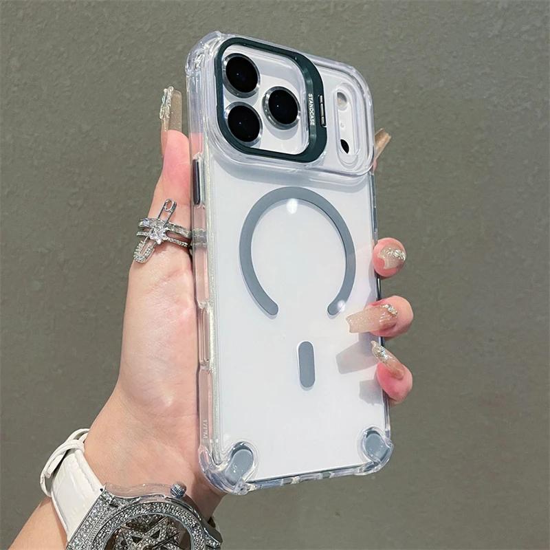 New Magnetic Clear Case For iPhone 17 Pro Max 17Air 17Pro Case For Magsafe Wireless Charge With Glass Lens Protector Stand Cover