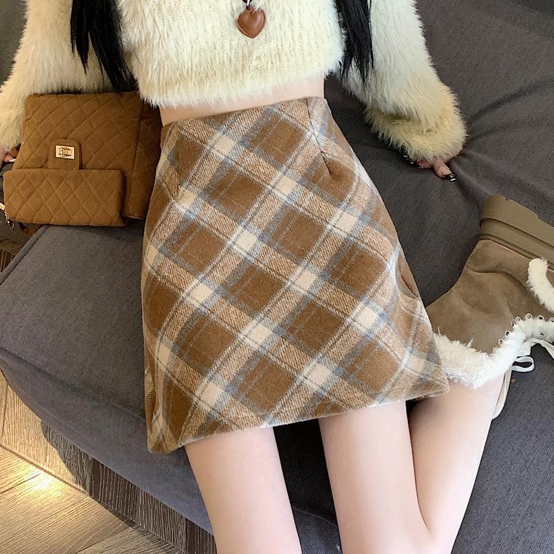 

Женская шерстяная клетчатая юбка А-силуэта в стиле ретро с высокой талией - Осенне-зимняя приталенная короткая юбка 4XL жёлтый