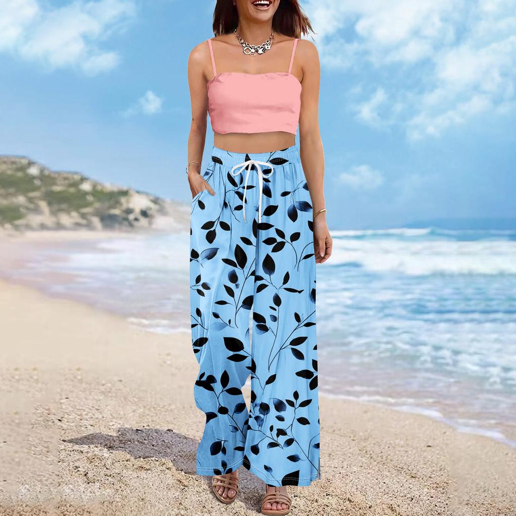 מכנסי פאלאצו קיציים בוהו לנשים מותן גבוה רגל רחבה הדפס פרחוני מכנסיים קז'ואל עם כיסים