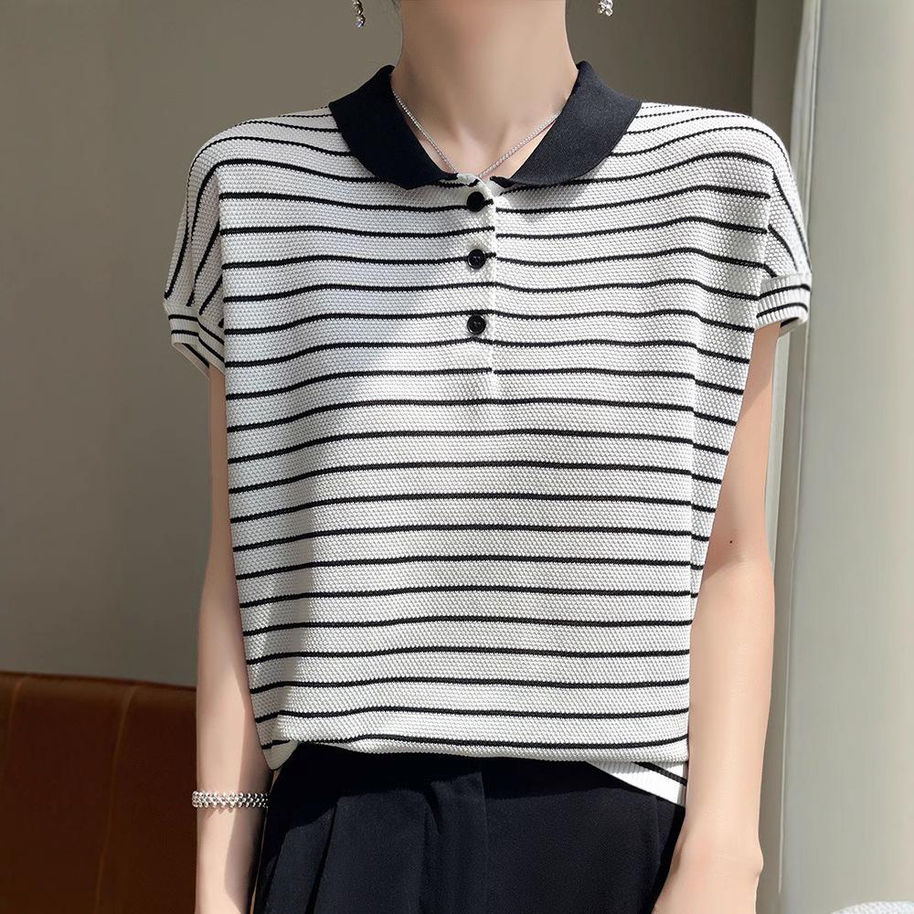 

Women s Summer Color Block Striped Polo Collar Tencel Knit Tee XL зелёный