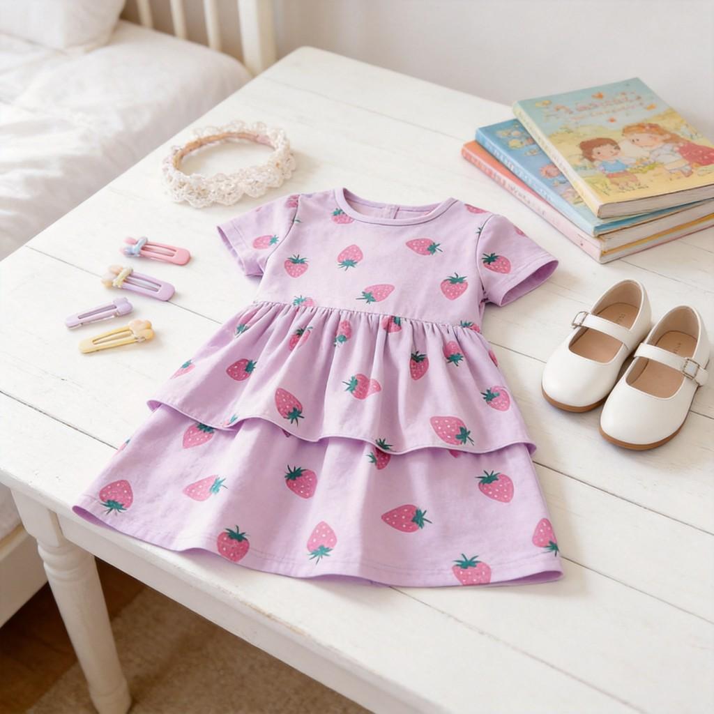 Girls Summer Cotton Princess Dress With Cartoon Pattern