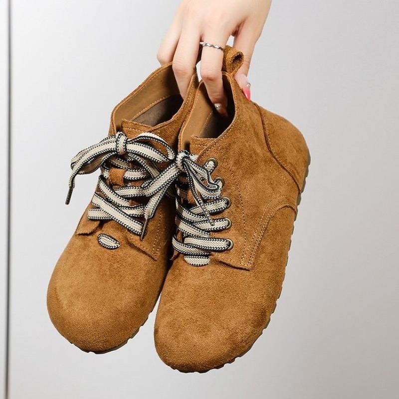 Fashion Flat Single Boots Women's Fashion Round Toe Suede Front Lace-Up Soft Sole Anti-Slip Wear-Resistant Short Shoes