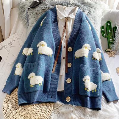 Women Autumn Winter Knitted Cardigan Loose Streetwear Knit Sweater Coat Cute Cartoon Print V Neck Sweater Jacket