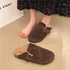 Platform-soled Birkenstock Shoes, Woolen Bag Head, Half Slippers, Women's Outer Wear 2025 Spring and Autumn New Belt Buckle Slippers