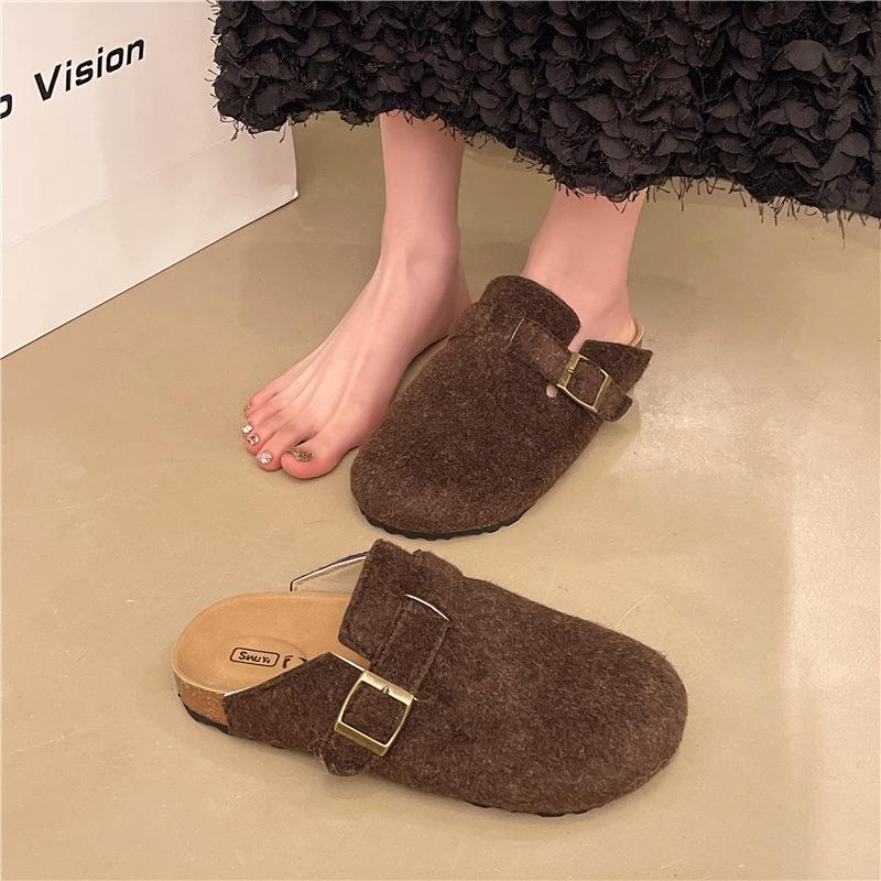 Platform-soled Birkenstock Shoes, Woolen Bag Head, Half Slippers, Women's Outer Wear 2025 Spring and Autumn New Belt Buckle Slippers