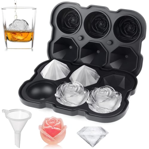 Mikiwon 2-inch Rose Ice Cube Tray with Cover, 3-Cavity Silicone Rose Ice Tray & 3 Diamond Ice Ball Maker, Easy-Release Large Ice Cube Formers for Chil