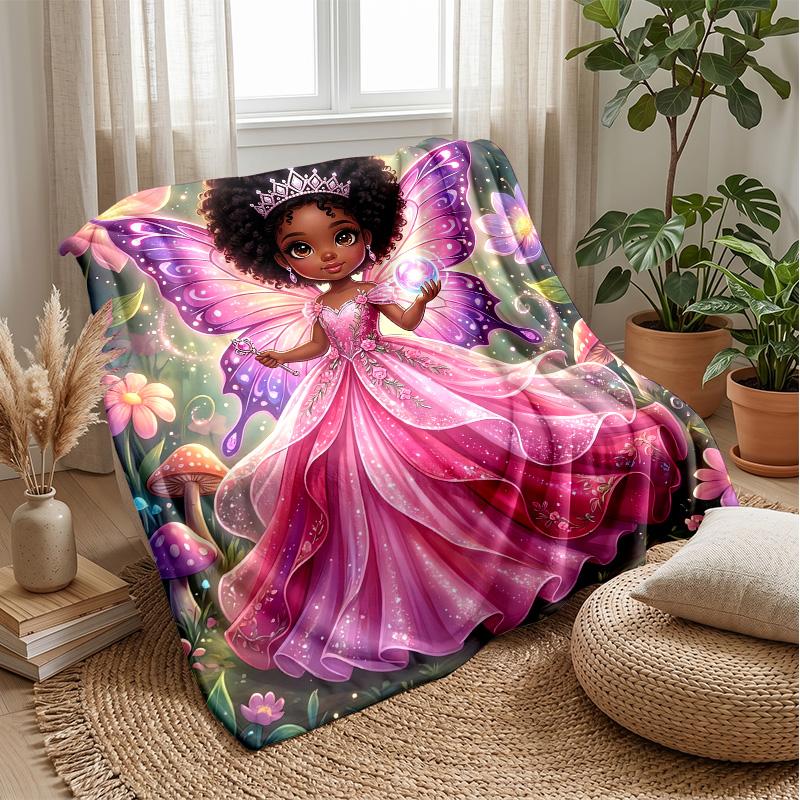Fairy with Butterflies and Teddy Bears Theme Blanket Lightweight Warm Flannel Blanket Decorative Throw Blanket for Home Decoration