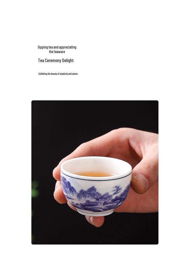 Dehua Blue & White Dragon Pattern Ceramic Tea Cup Set - Chinese Retro Kung Fu Style