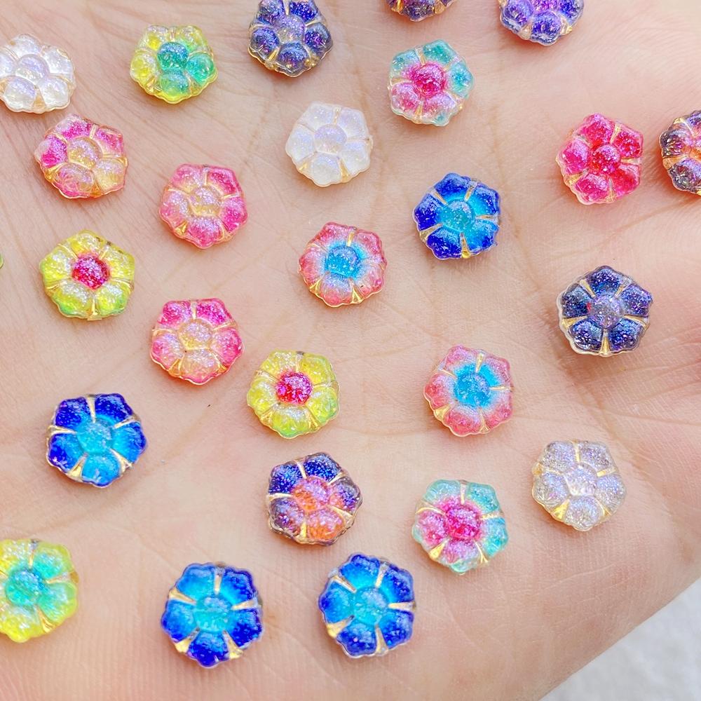 50Pcs 7mm Resin 3D Colorful Mini Shiny Flower Gems Flatback Figurines Scrapbook Wedding Applique Nail Art Decor Crafts