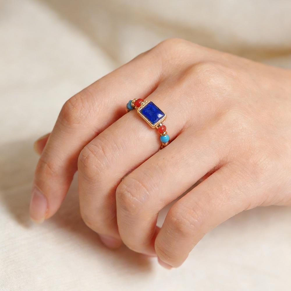 Women's Amber Agate Ring: Chinese Style, Wealth-Attracting, Tiger Eye & Lapis Lazuli, Versatile & Stylish