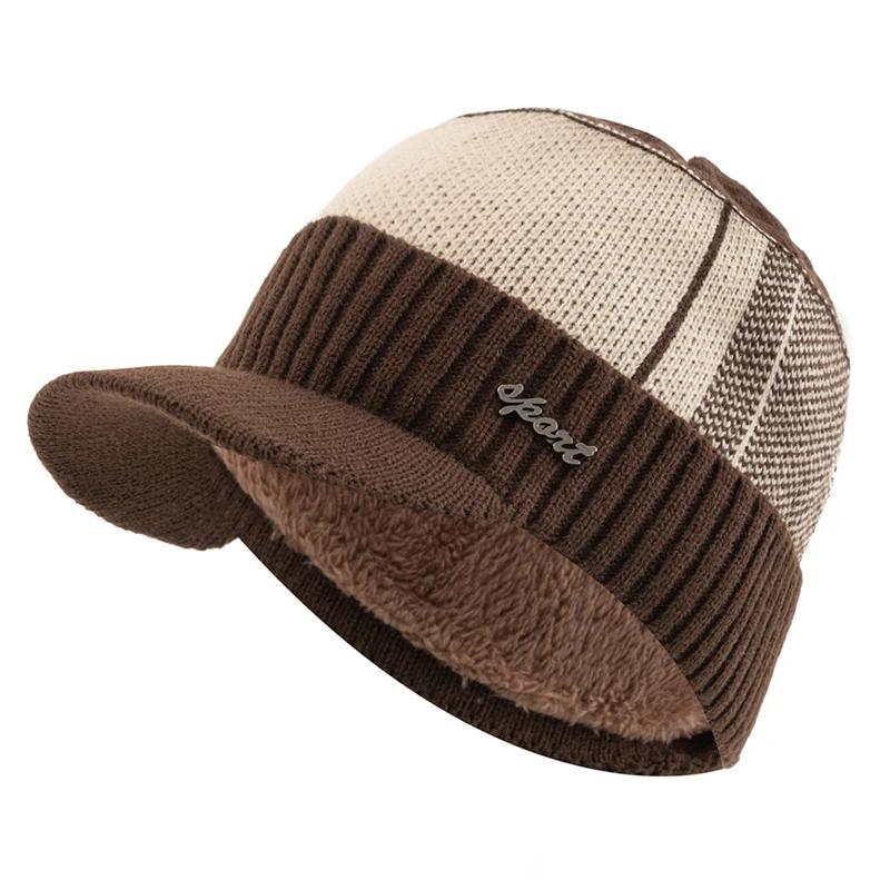 Unisex Warm Winter Hat With Brim Plush Fur Lined Knit Cap Sports Label Thicken Winter Hats For Men