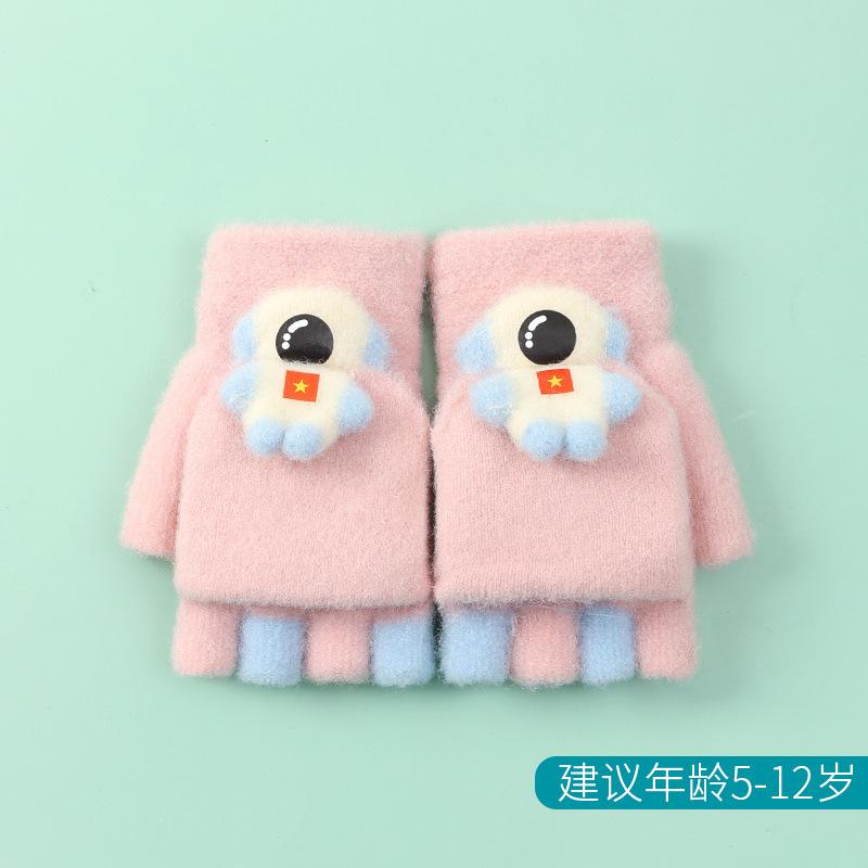 Xuehuaxiu Children's Gloves Cute Cartoon Astronaut Half Finger Flip Student Warm Knitted Gloves Wholesale
