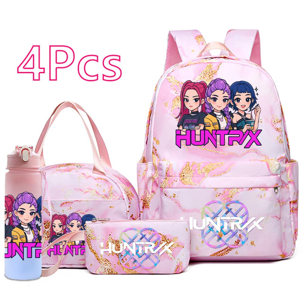 4Pcs/set Cartoon K-Pop Printed Backpack Handbag Pencil Case with 750Ml Water Bottler for Teenager Boy Girl Schoolbag Large Capacity Bookbag Mochila