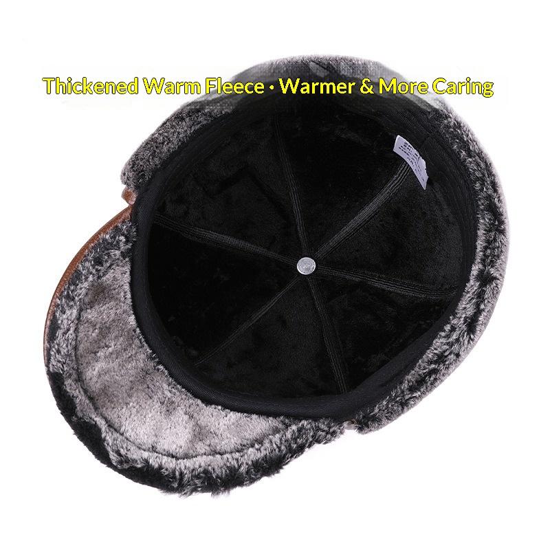Men Genuine Cowhide Leather Winter Hat Thick Warm Trapper Cap with Ear Flaps Outdoor Windproof Baseball Bomber Hat for Elderly