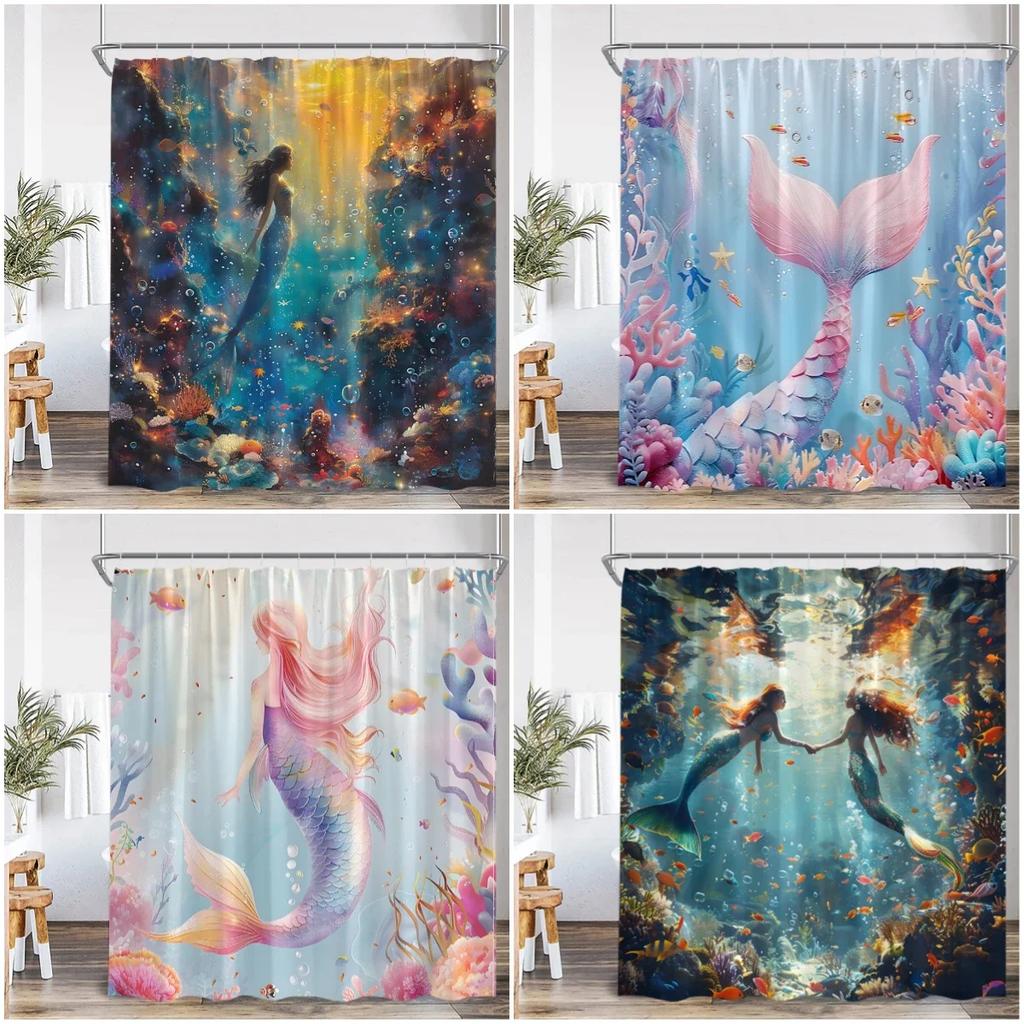 Pinke Meerjungfrau Duschvorhang Badvorhang für Mädchen Kinder Badezimmer Unterwasser Ozean Thema Baddekoration mit Haken