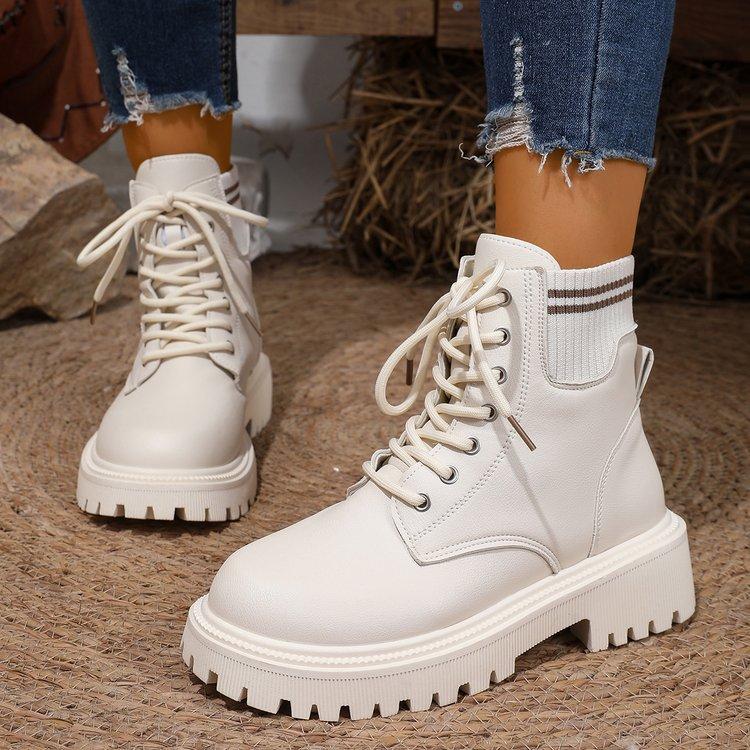 New Women'S Platform Ankle Boots White Pu Leather Thick Sole Combat Booties Woman Spring Autumn Non Slip Motorcycle Boots