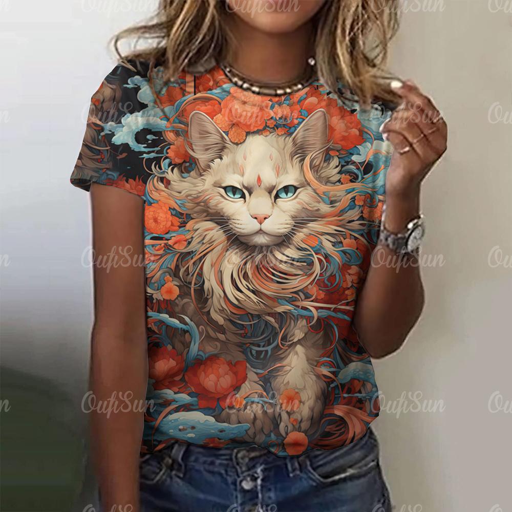 Top Women Fashion Woman Blouse 2024 3d Japanese Style Cat Print T-Shirts O-Neck Short Sleeve Tees Female Clothing Y2k T Shirts