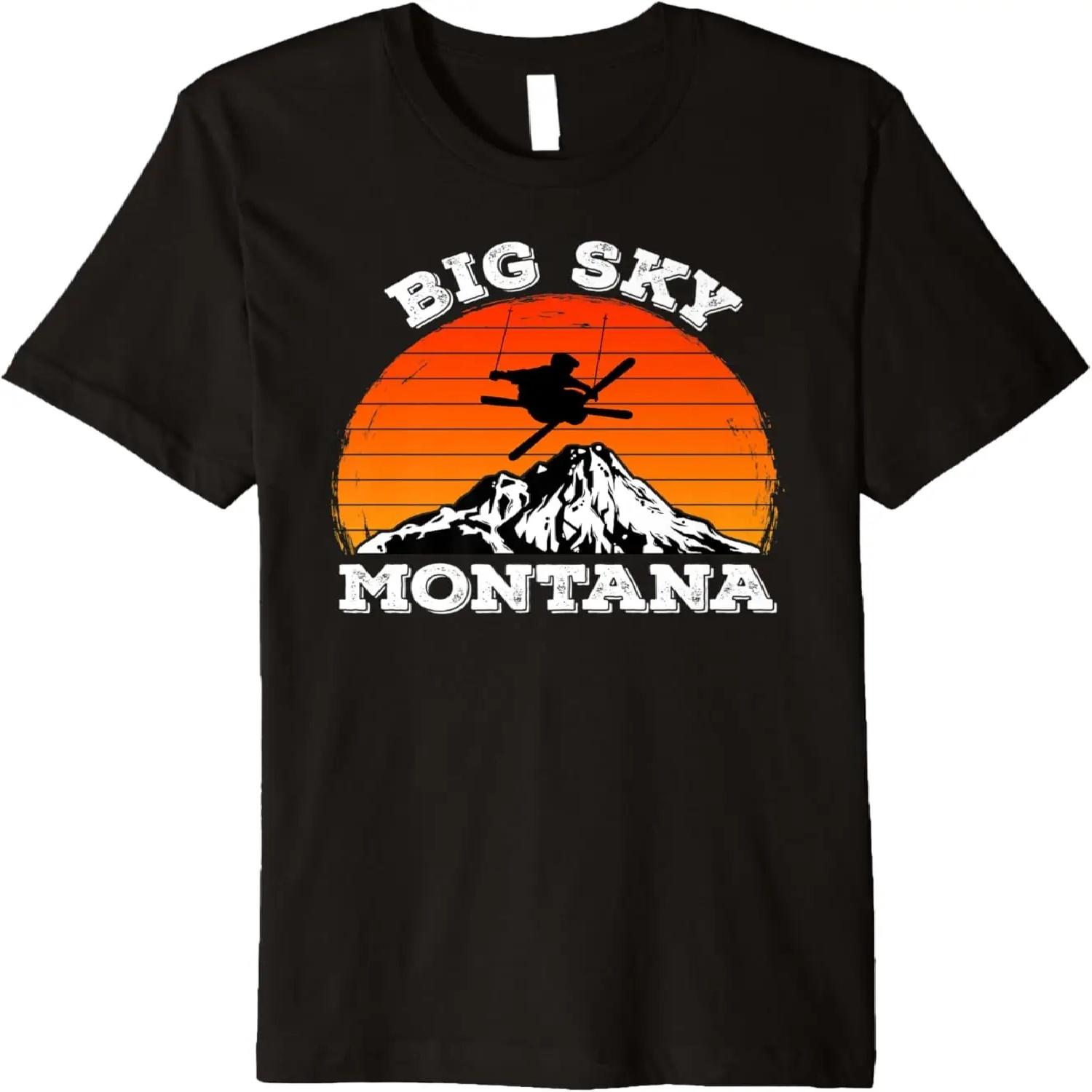Ретро Винтажный Закат США Большое Небо Монтана Горнолыжный Курорт Премиум Футболка S чёрный