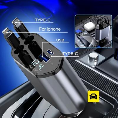 4-in-1 Einziehbarer 66W Autoladegerät mit Dual-Kabeln, USB-C- und USB-A-Anschlüssen, LED-Spannungsmonitor